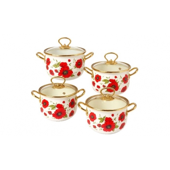 8-dielna sada smaltovaných hrncov červený mak