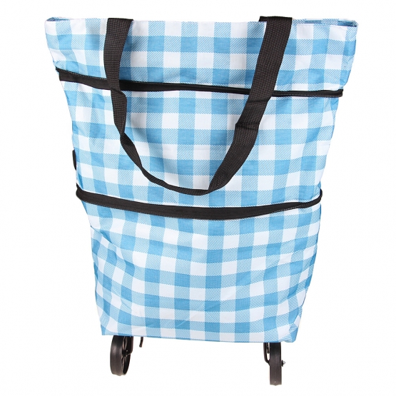 Nákupná taška s kolieskami kockovaná modrá