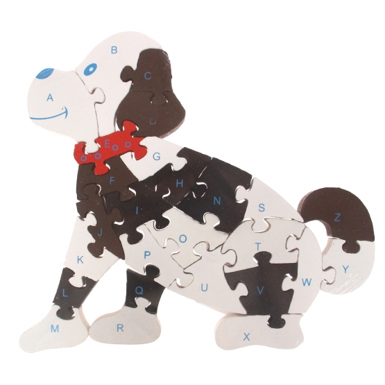 Vzdělávací drevené puzzle pes čiernobiely