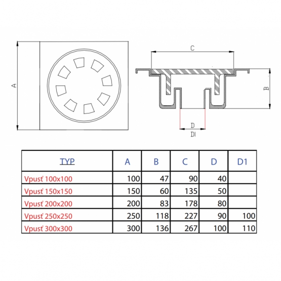 Podlahový vpust 200x200x115 mm