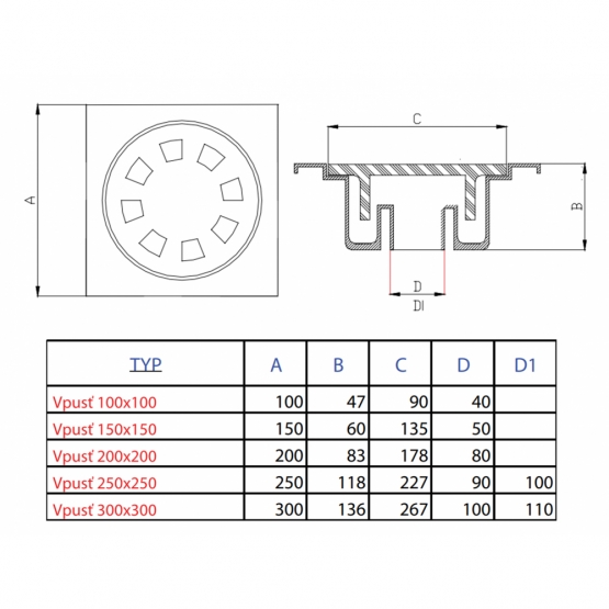 Podlahový vpust 150x150x60 mm