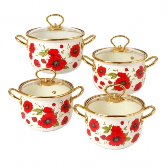 8-dielna sada smaltovaných hrncov červený mak
