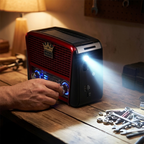 3-pásmové solárne rádio s Bluetooth čierno-červené KORUNA