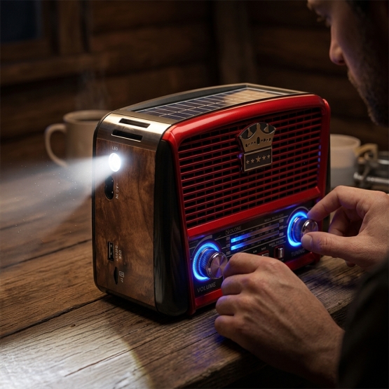 3-pásmové solárne rádio s Bluetooth hnedo-červené KORUNA