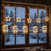 LED vianočná svetelná záclona s motívmi hviezd a sobov 8019WW